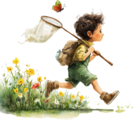 Child boy butterfly net backpack summer meadow flower running adventure happy child boy with butterfly net backpack summer meadow flower running adventure nature outdoor play freedom joy