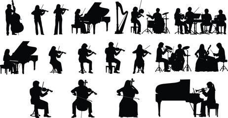 Orchestra musician silhouettes collection, classical music performance, violin piano cello harp drums, concert ensemble, symphony, artistic musicians, live performance illustration © Aiub