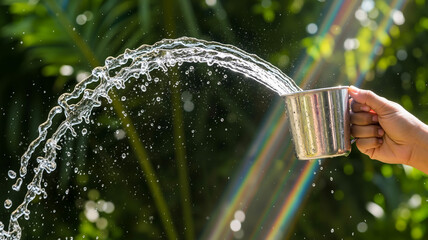 Silver cup with water being poured upwards creating a graceful arc  