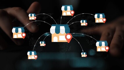 Creative digital storefront network with multiple shop icons connected by lines for e-commerce and online retail visualization Gluon.