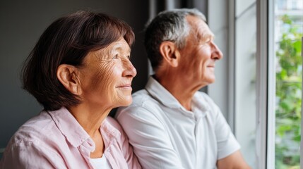 Elderly couple sitting close by window, sharing quiet moment together. Natural light, calm expressions, emotional connection, trust, companionship and meaningful human relationships