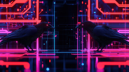Futuristic robotic crows neon lit digital environment, showcasing vibrant colors and intricate patterns. captivating blend of technology