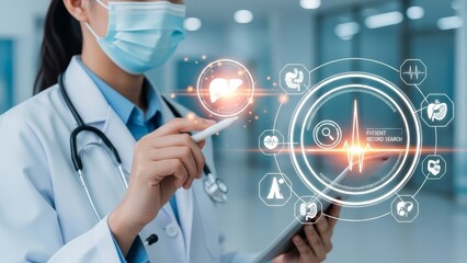 Medical professional in a mask interacts with a futuristic digital health interface displaying patient data and diagnostic insights on a tablet