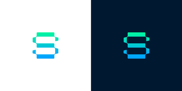 Abstract 'S' shape logo design in blue and green gradient on white and dark backgrounds, clean and modern identity mark