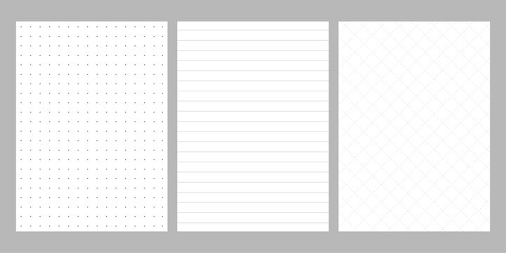 Diary sheet and notepad page template set. Lined or grid pattern for classic journal and office memo book. Printable Vector illustration.