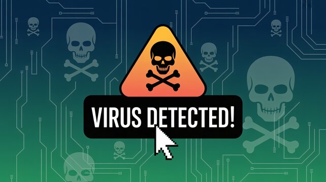 Virus detected warning sign with skull and crossbones on computer screen