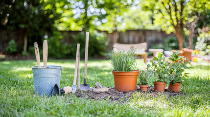 Gardening tools arranged on lawn with potted plants and fresh soil, creating vibrant and inviting outdoor space