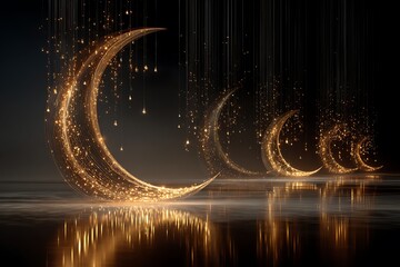 Glowing crescent moons with golden sparkles on water surface at night