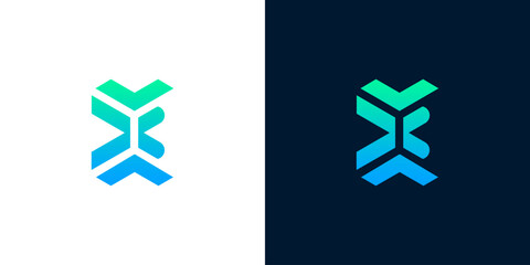 Obraz premium Innovative abstract technology logo design featuring a dynamic gradient of blue and green, symbolizing digital connectivity, data flow, and futuristic networks for modern branding