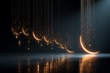 Glowing crescent moon lights hanging in dark room with reflective floor