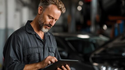 Smiling mechanic uses tablet in auto repair shop while assisting with vehicle maintenance tasks and customer service