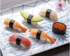 Assorted Japanese Nigiri Sushi on Traditional Ceramic Plate  