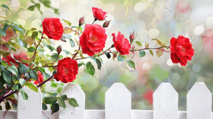 Beautiful watercolor painting of red roses climbing over white picket fence, evoking sense of tranquility and charm