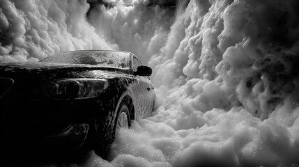 modern stylish black car in foam on a car wash on dark black background with. car care banner with place for text minimalism. no people. self-service car wash