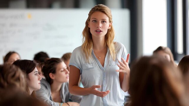 Young female tutor engages with students during a lively group learning session in a modern classroom setting in the afternoon