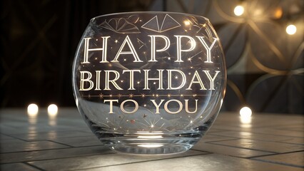 “HAPPY BIRTHDAY TO YOU” transparent crystal glass typography, light refraction, soft glow, elegant background, luxury 3D render, ultra detailed, premium style