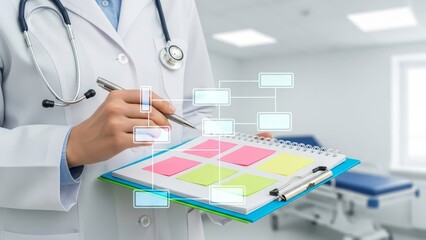 Dedicated doctor, adorned with a stethoscope, diligently writes on a clipboard displaying colorful sticky notes and integrated digital flowcharts, showcasing efficient medical data management.
