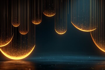Glowing crescent shapes hanging with golden sparkles in dark space