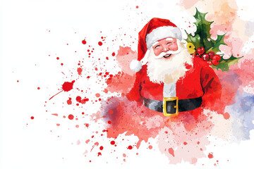 Watercolor Santa Claus smiling with holly leaves and berries, radiating joy and festive spirit, perfect for holiday decorations