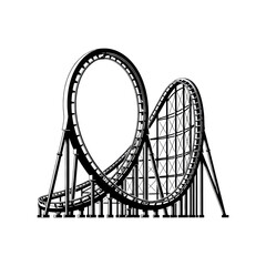 classic roller coaster track silhouette featuring a vertical loop and steep drop, isolated black vector line art on a stark white background, vintage 1960s amusement park logo concept