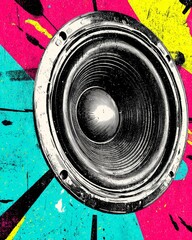 Pop art speaker cone with cyan magenta yellow paint splashes and grunge texture. AI generative
