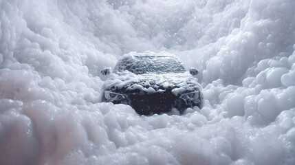 modern stylish black car in foam on a car wash on dark black background with. car care banner with place for text minimalism. no people. self-service car wash