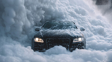 modern stylish black car in foam on a car wash on dark black background with. car care banner with place for text minimalism. no people. self-service car wash