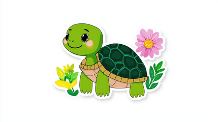 Cute turtle with friendly smile, surrounded by colorful flowers and green leaves, perfect for stickers or children designs
