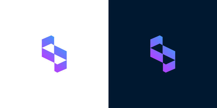 Abstract geometric logo with modern purple and blue gradient. Stacked blocks form an S-shape or infinity symbol, ideal for tech and digital brand