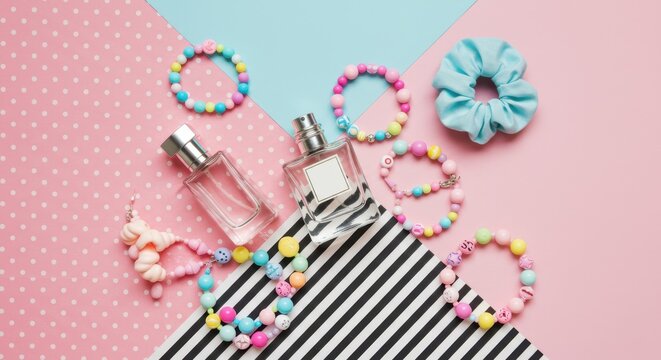 Pair of perfume bottles with colorful bracelets and scrunchie on vibrant studio background