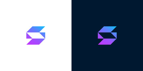 Dynamic abstract S letter logo design, modern geometric form with smooth purple and blue gradient, ideal for digital branding, technology, and professional services