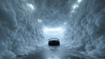 modern stylish black car in foam on a car wash on dark black background with. car care banner with place for text minimalism. no people. self-service car wash