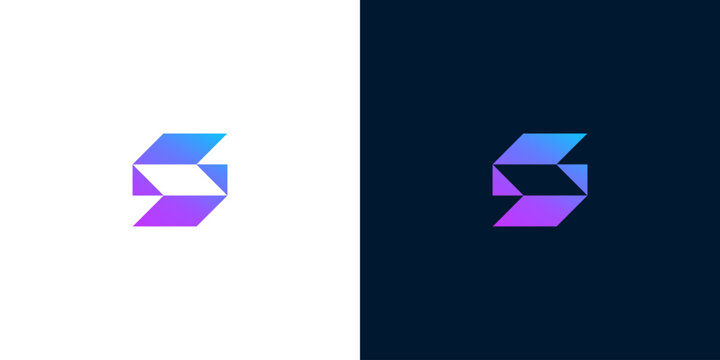 Dynamic abstract S letter logo design, modern geometric form with smooth purple and blue gradient, ideal for digital branding, technology, and professional services
