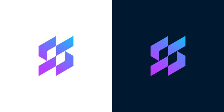 Abstract geometric logo design with gradient colors on white and dark backgrounds