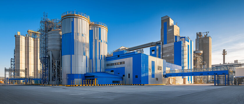 AI generator images of Grain silos (grain elevators) or modern agricultural processing plants play a crucial role in the agricultural and food industry. The blue building in front and the tall tower 