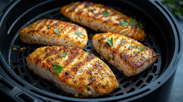 Grilling salmon fillets in an air fryer with herbs and spices for a tasty meal
