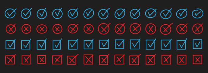 Check marks doodle set. Vote, yes, no, checkbox, checklist, tick and cross signs, v and x drawn concept. Hand drawn doodle sketch style vector illustration