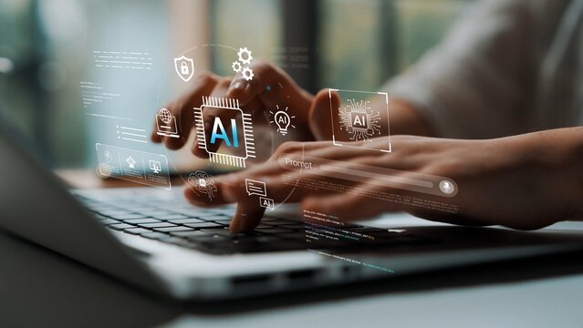 Hands Typing on Laptop with AI Technology Graphics, Digital Transformation Concept, Future Innovation, Coding and Programming for Machine Learning Development Gluon.