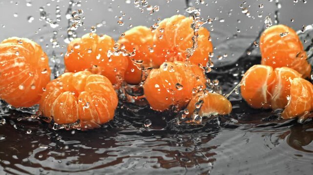 Super slow motion fresh peeled tangerines . Filmed on a high-speed camera at 1000 fps. High quality FullHD footage