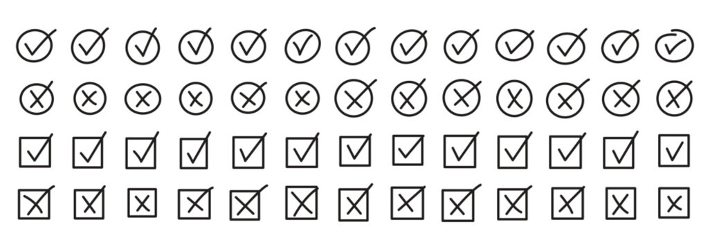 Check tick mark icon set. Cross box x check mark checkbox v list vector draw hand drawn brush marker checklist symbol wrong right Square Boxes. Vector Illustration 