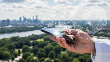 Person holds a smartphone displaying a connected global network, signifying worldwide communication and digital connectivity.