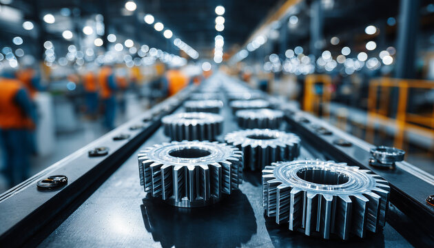Automotive gear spare parts assembly line at factory. Workers, engineers at work. Mechanical engineering, production process