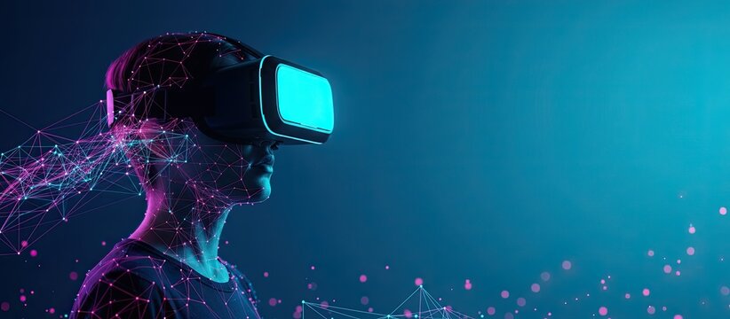 Person wearing virtual reality headset with futuristic neon connections - Powered by Adobe