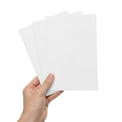 Obraz premium Hand holding blank paper sheets isolated on transparent background