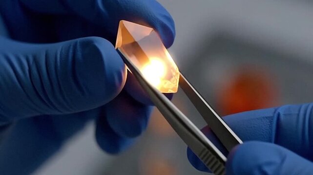 Scientist uses tweezers to hold a glowing synthetic amber crystal in a high-tech lab. Close-up of glowing gemstone research and innovation.