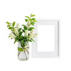 White flowers in jar beside frame isolated on transparent background