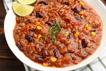 Delicious chili con carne served on wooden table, closeup