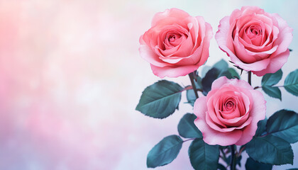 Watercolor floral arrangement. Three pink roses with leaves on background. Romantic bouquet illustration created for cards, wedding