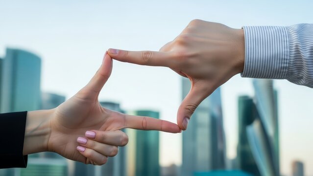 Two hands create a perfect rectangular frame against a modern city skyline, symbolizing a focused vision, strategic planning, and capturing urban development opportunities.