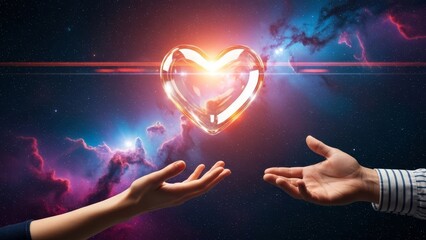 Two hands reach out towards a glowing, transparent heart symbol floating in a vibrant, star-filled cosmic nebula background.